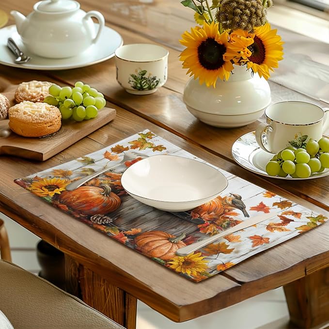 Fall Placemats 12x18 Inch Set of 4 Pumpkin Maple Leaves Sunflower Bird Linen Place Mat Burnt Orange Autumn Thanksgiving Harvest Table Mats for Party Kitchen Dining Decoration