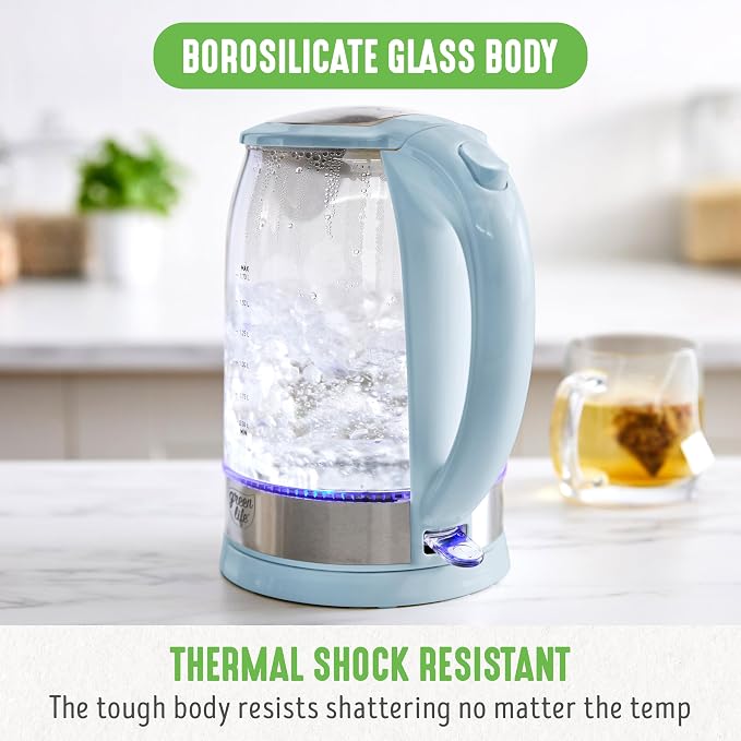 GreenLife 1.7 Liter Electric Glass Kettle, Blue Haze | Glass Body, Auto Shutoff, Thermal Shock Resistant, Quick Heating, Easy One Touch Use, Cordless Serving, LED Base, Coffee/ Tea