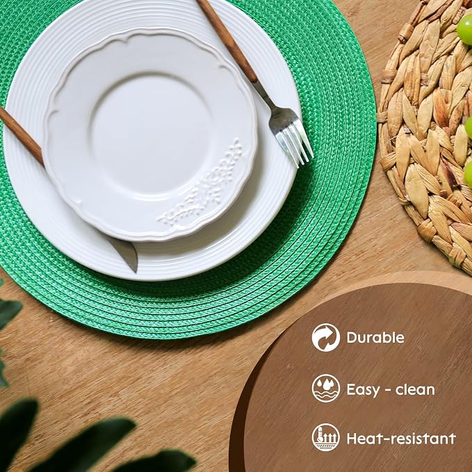 FunWheat Round Braided Placemats Set of 4 Table Mats for Dining Tables Woven Washable Non-Slip Place mats 15 inch(Holly Green, 4pcs)