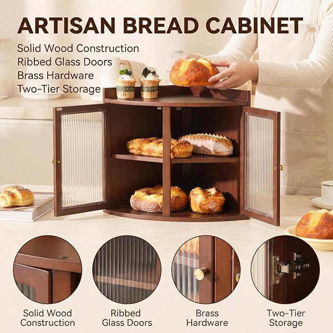 Baveke Bread Box for Kitchen Countertop, Corner Bread Box & Bamboo Breadbox, Large Bread Storage with Double Layer, Vintage Storage for Homemade Bread, Rustic Brown