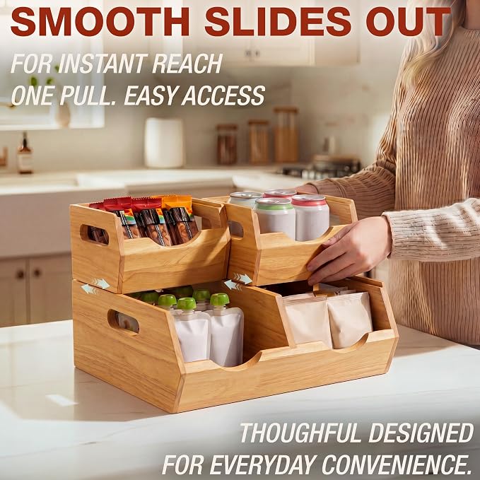 HOMESTEAD Stackable Solid Wood Storage Bins for Pantry & Countertop, Ventilated Potato and Onion Basket Organizer with Handles, Wooden Produce Storage Containers, 3 Pack, Natural Wood