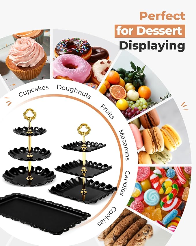 Kootek 10pcs Cupcake Stand Dessert Table Display Set Serving Tray for Party | 3-Tier Cupcake Stand, 6 Rectangular Trays, Hold 128 Standard Cupcakes, Cookie Display, BPA-Free, No Tools Required, Hand Wash