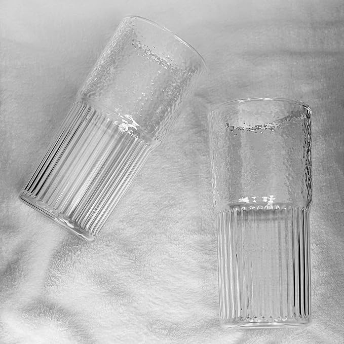 ANOTION 2Pcs 22 oz Iced Coffee Cups Drinking Glasses Iced Coffee Cup | Reusable Smoothie Cup Glass Tumbler Water Glasses Ribbed Glassware