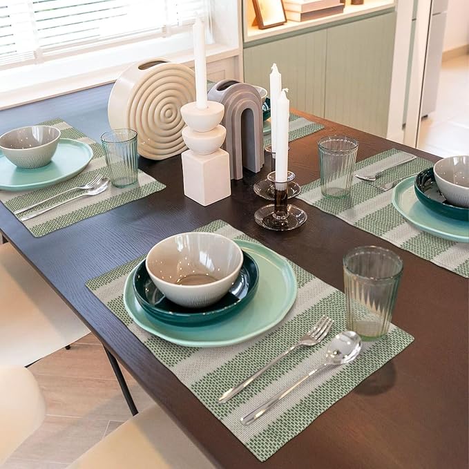 Sage Green Polka Dot Placemats Set of 4, Boho Striped Decorative Table Mat 12 x 18 Inch Heat Resistant Non Slip Line Fabric Modern Geometry Place mat for Holiday Party Kitchen Dining Decor
