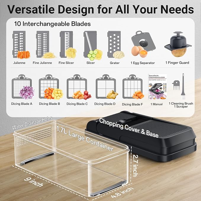 15-in-1 Vegetable Chopper with 10 Blades, Food Veggie Cutter, Gray | Includes Egg Separator, Food Container and Finger Guard, Non-slip Base, for Chopping, Slicing, Shredding, and Mincing