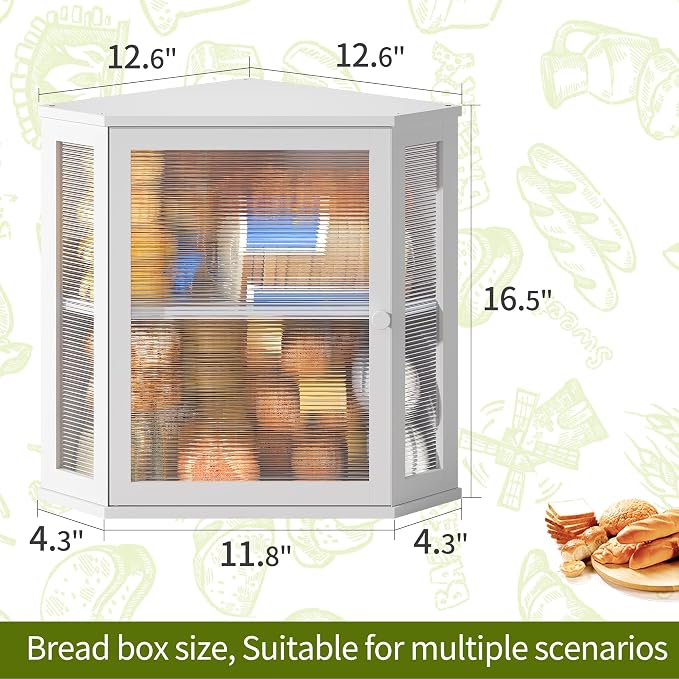 BMOSU Corner Bread Box for Kitchen Countertop Double Layer Bamboo Wooden Bread box Large Capacity Bread Storage Bin(White, Extra Large)