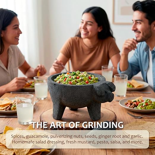 9 inch Molcajete Mortar and Pestle with Pig Design, Mexican Handmade with Lava Stone Ideal as Herb Bowl, Spice Grinder, Volcanic Stone
