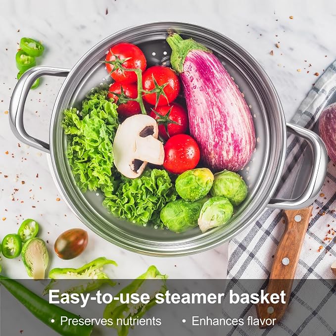 3.2QT Stainless Steel Steamer for Cooking with Food Steamer Basket | Healthy Steaming Pot, Multi-use Kitchen Cookware, For Vegetables Dumplings Soup and Food Preparation, Daily Kitchen Cooking