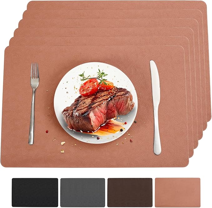 Coral Vinyl Placemats Set of 6 Waterproof Wipeable Table Mats | Heat Resistant Easy Clean Place Mats Faux Leather Table Mats Washable PVC Table Placemats for Dining Table