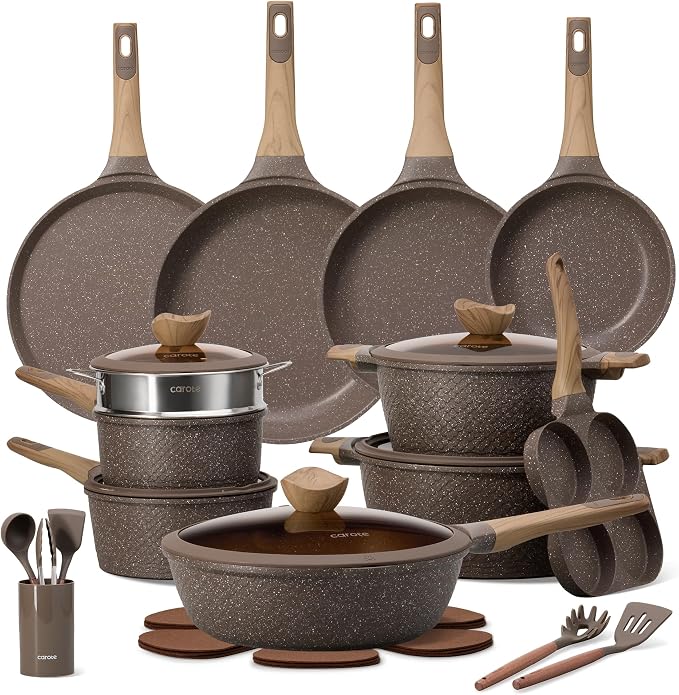 CAROTE 31pcs Pots and Pans Set, Nonstick Cookware Sets with Crepe Pan | Induction Cooking Set, Easy Clean, Even Heating, Advanced Textured Finish, Fit All Stovetops, with Frying Pans Set & Egg Pan