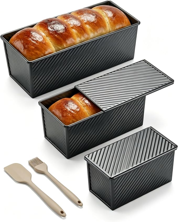CARTMAN 3-Piece Pullman Loaf Pan with Lid, 2.2/1/0.8 LB Bread Pan, Black | Includes 2.2/1/0.8 LB sizes & silicone tools, bottom vents, nonstick carbon steel, nesting storage, for bread & brownies
