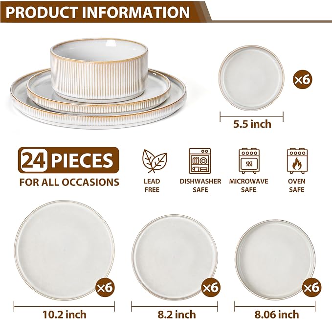 LIANYU 24 Piece Stoneware Plates and Bowls Dishes Set for 6, Dinnerware Sets with Pasta Bowls, Ribbed Dining Ware Dishware for Home Wedding, Microwave and Dishwasher Safe, Dawn Beige