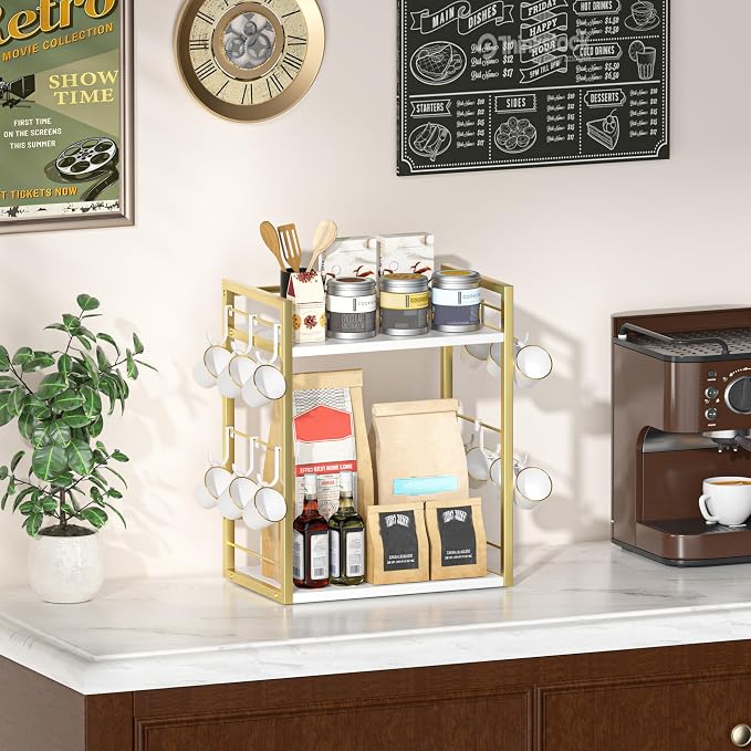 Dorhors Coffee Bar Organizer,Mug Holder,Station Organizer Kitchen Counter | 2 Tier Gold + White Wood Coffee Bar Accessories with 12 Hooks,Countertop Shelf for Mug,Syrup and Accessories