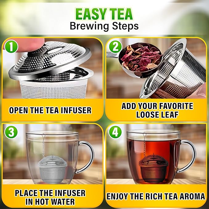 Tea Infuser Set of 3 (1 Large, 2 Small) with Scoop, Stainless Steel | Loose Leaf Tea Steeper; Extra Fine Mesh Holes, Extended Chain, Sleek & Shiny Surface; Reusable; for Herbs, Spices & Cooking