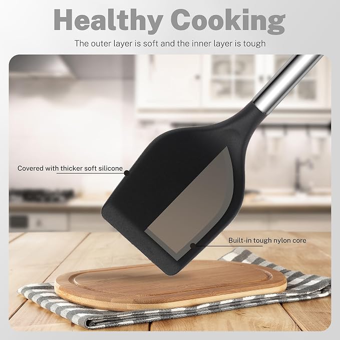QMVESS Silicone Cooking Utensils Set, 28 Pcs Non-Stick Kitchen Utensils Set with Holder, 446°F Heat Resistant Spatula, Tongs, Spoons Set with Stainless Steel Handle Kitchen Gadgets (Black)