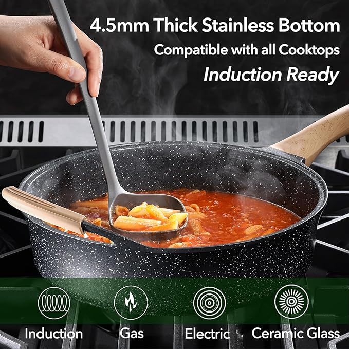 Deep Nonstick Frying Pan with Lid, 4.5 QT Swiss Granite Coating Sauté Pan, 12 Inch Healthy Non Stick Skillet Cooking Pan and Helper Handle with Silicone Cover, PFOA Free, Induction Ready.