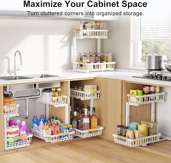 2 Pack Under Sink Organizer, Pull Out Cabinet Organizers, Adjustable Height 2-Tier Metal Slide Out Shelf for Bathroom Under Counter Storage, Kitchen Pantry Laundry Organization Rack, White