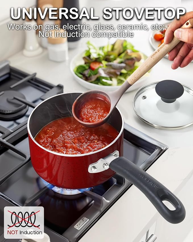 Cook N Home Basic 2 Quart Nonstick Saucepan with Glass Lid, Small Non Stick Aluminum Sauce Pan, Multi-Purpose Milk Chocolate Cooking Pot with Stay-Cool Handle, Marble Red | Small Non Stick Aluminum Sauce Pan, Multi-Purpose Milk Chocolate Cooking Pot wi...