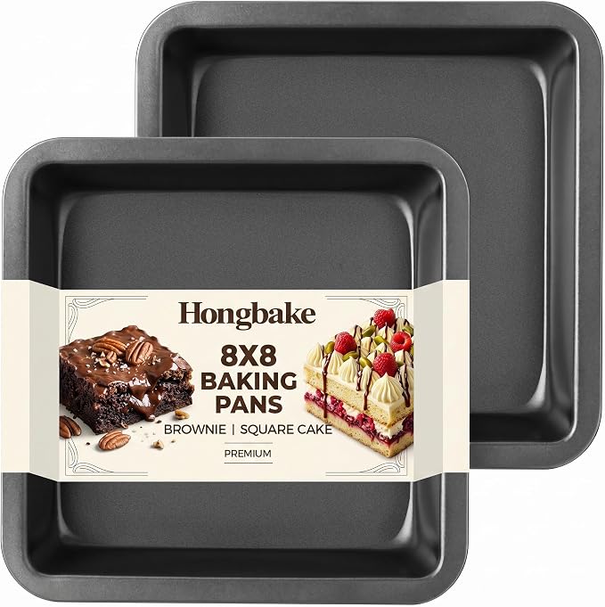 8x8 Cake Baking Pan Set, Nonstick Square Brownie Pans with Wider Grips, 2 Pieces, Heavy Duty, Grey