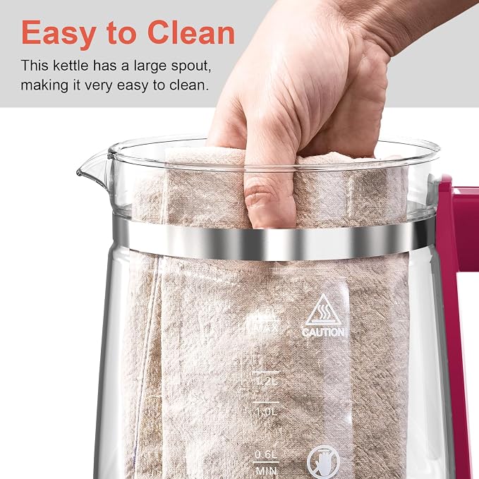 1200w Electric Kettle, 1.5L Borosilicate Glass tea kettle, Hot water kettle electric for Coffee or Tea, BPA Free, Auto Shut-Off, Stainless Steel, Fast Boil, Red