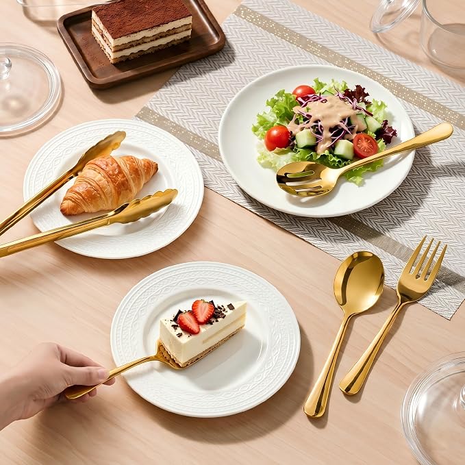 11PCS Stainless Steel Gold Serving Utensils, 8.7''Serving Spoons,8.7''Slotted Spoons, Serving Fork, 9'' Serving Tongs,Cake Server,Hostess Serving Set for Chafing Dish Buffet Catering Parties
