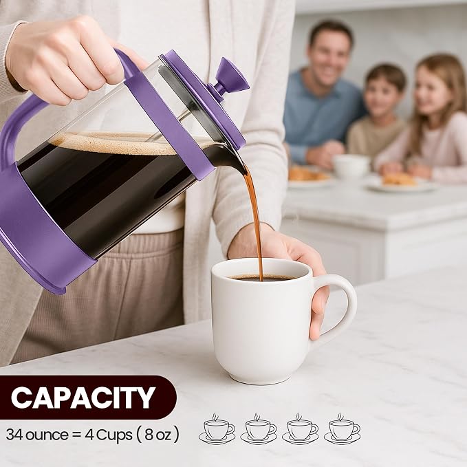 Utopia Kitchen Borosilicate Glass French Press Coffee Maker 34 Oz, Plum | Heat-Resistant Cafetiere & Tea Maker, Thickened Glass Coffee Press for Travel and Camping