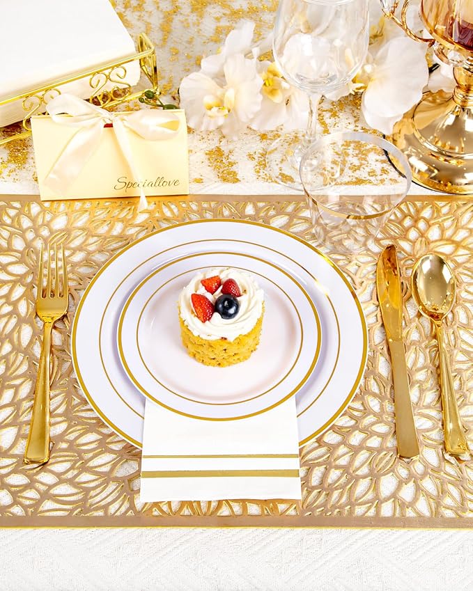 GATHER 350PCS Gold Plastic Plates for Wedding and Party | White and Gold Disposable Dinnerware Set include 100 Plates, 150 Silverware, 50 Napkins, 50 Cups for Bridal Shower