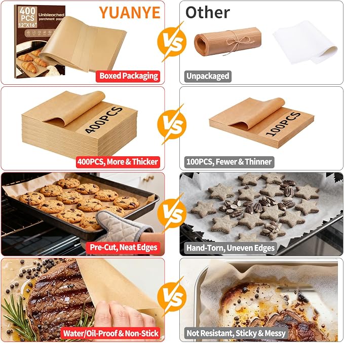 YUANYE 400PCS Parchment Paper Baking Sheets, 12"x16" Unbleached Precut Half Parchment Paper for Baking, Non-Stick Baking Paper for Baking, Grillin, Steaming Bread Cookies, Oven, Air Fryer, Microwave