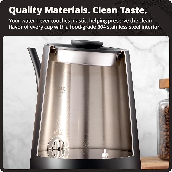 Greater Goods Gooseneck Electric Kettle, 1200W Temperature Control, 0.8L | Pour-Over & Tea Kettle with Stainless Steel Interior, Built-In Brew Timer, Fast Heating for Chemex, V60, & Matcha (Black)