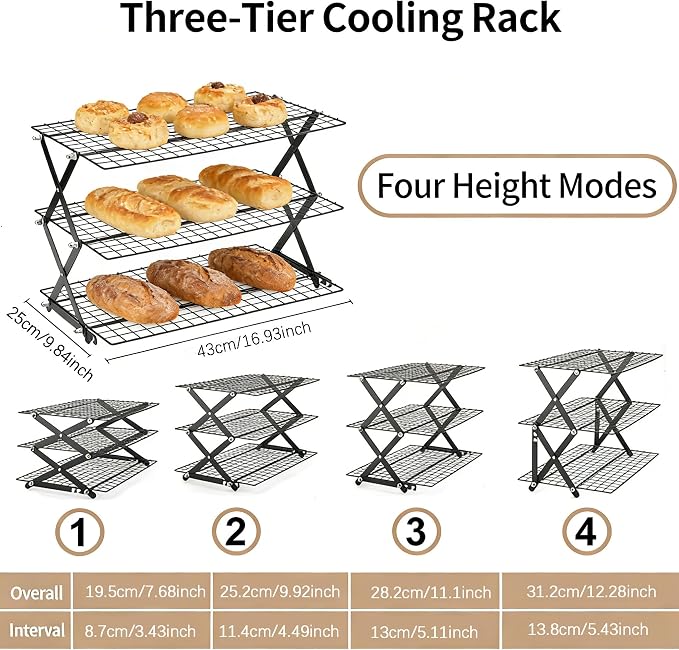 3-Tier Collapsible Cooling Rack with Adjustable 3 Setting, Wire Cooling Roasting Cooking Baking Drying Rack for Cookies Bread Turkey, Candy, Fruit, Snacks