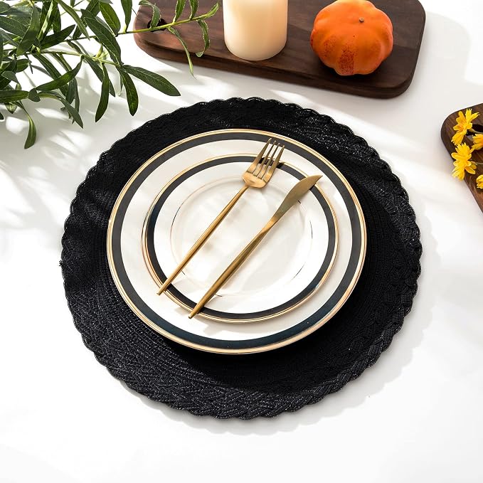 SHACOS Round Placemats Set of 4 Boho Braided Border 15 inch Circle Place Mats Washable Fabric Table Mats for Kitchen Dining Table, Black