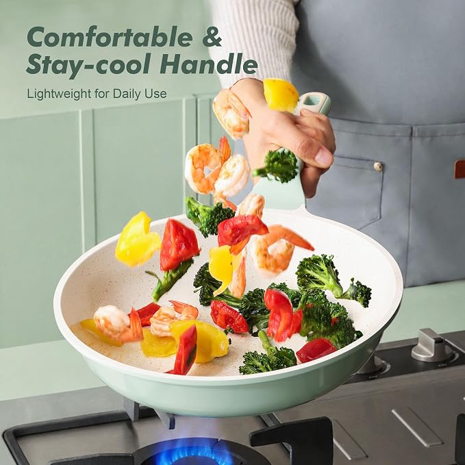 SENSARTE 9.5In Nonstick Ceramic Frying Pan with Lid, PFAS/PTFE Free, Green | Ceramic Omelette Pan Skillet, Healthy Non-toxic Chef's Pan, Induction Compatible Pan, Heat Resistant Handle