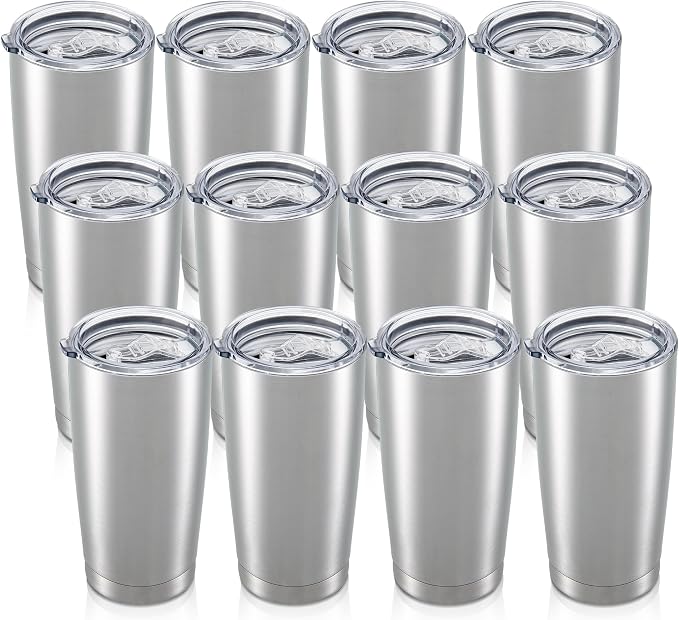 20 oz Tumbler with Lid Stainless Steel Insulated Tumblers Bulk Cups Mug | Double Wall Vacuum, Powder Coated, Keep Drinks Cold and Hot, Waterproof Lid, Fit of Car Cup Holders, Stainless, 12 Pack