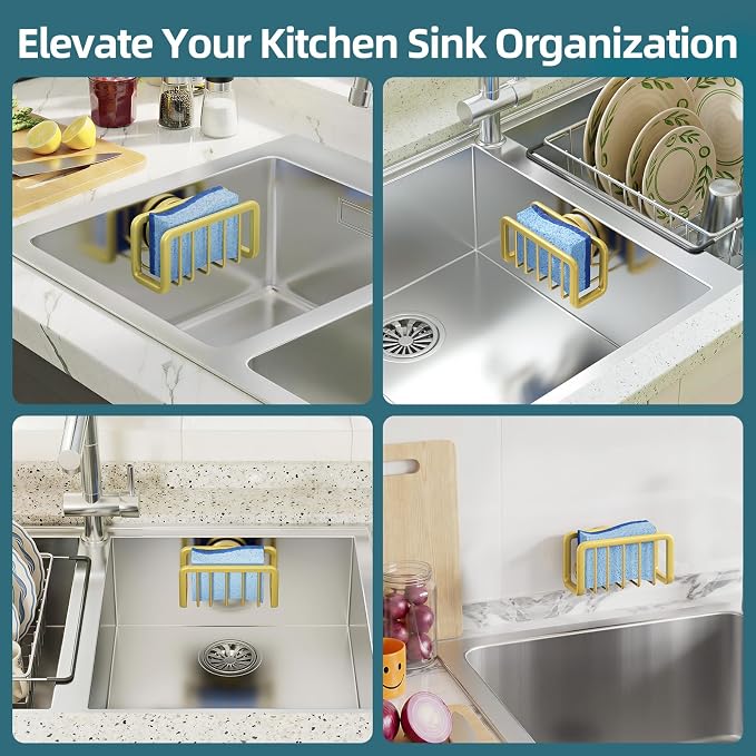 TAILI Sink Caddy with Strong Suction Cup, Sponge Holder for Kitchen-Gold | Sponge Caddy for Kitchen Sink Oganizer, Removable Rustproof Aluminum Sponge Holder for Dish Brush, Scraper, Scrubber
