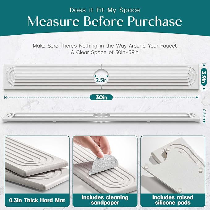 30 Inch Faucet Mat for Kitchen Sink - Instant Dry Sink Protector for Countertop, Extra-Long Diatomaceous Earth Stone Sink Tray Around Faucet for Kitchen Bathroom RVs (Light Grey, 30" x 3.9")