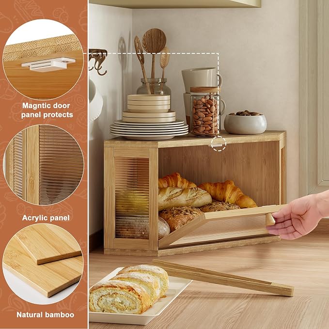 WOWLIVE Corner Bread Box, Bamboo Bread Storage with Acrylic Wavy Door | Breadbox for Kitchen Countertop, Large Farmhouse Bread Holder for Homemade Bread, Multi-functional Container, Natural