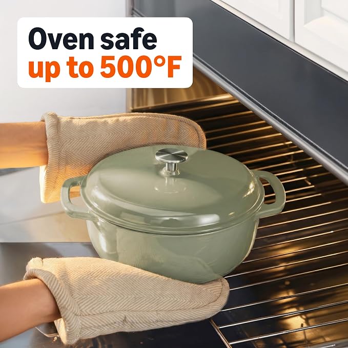 Amazon Basics Cast Iron Dutch Oven Pot with Lid, Enameled, Dual Handles, Round, Heavy-Duty, Small, 4.3-Quart, Olive