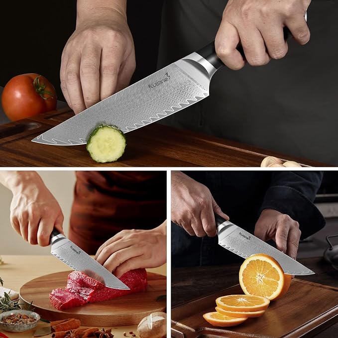 KUISINE 14-Piece Damascus Knife Set with Block, Ultra Sharp | Ergonomic Non-slip Handle Chef Knife Set with Built-in Sharpener, Dishwasher Safe, Luxury Gift for Holiday