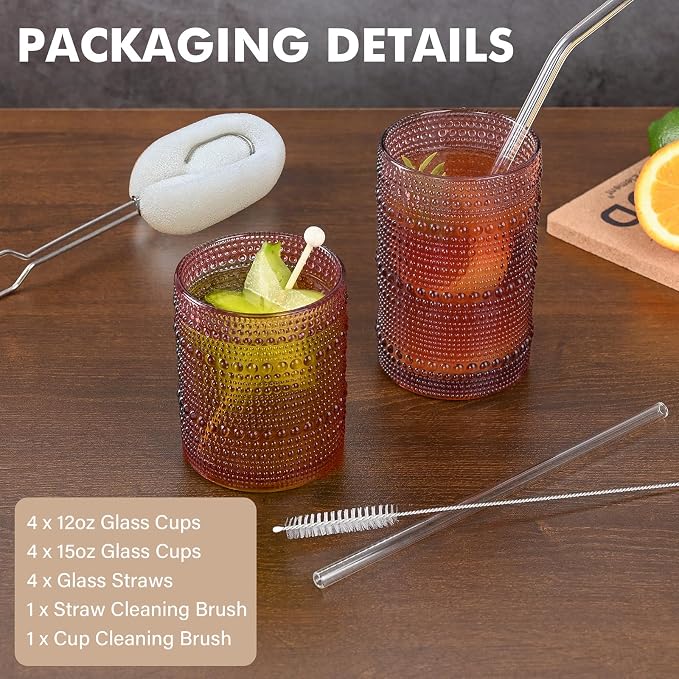 ZMOWIPDL 12oz & 15oz Hobnail Drinking Glasses,Purple Glass Cups Set of 8 | Vintage Highball Glassware，Kitchen Drinkware，Embossed Water Tumbler,for Beer,Cocktail,Whiskey,Juice,Various Mixed Drinks
