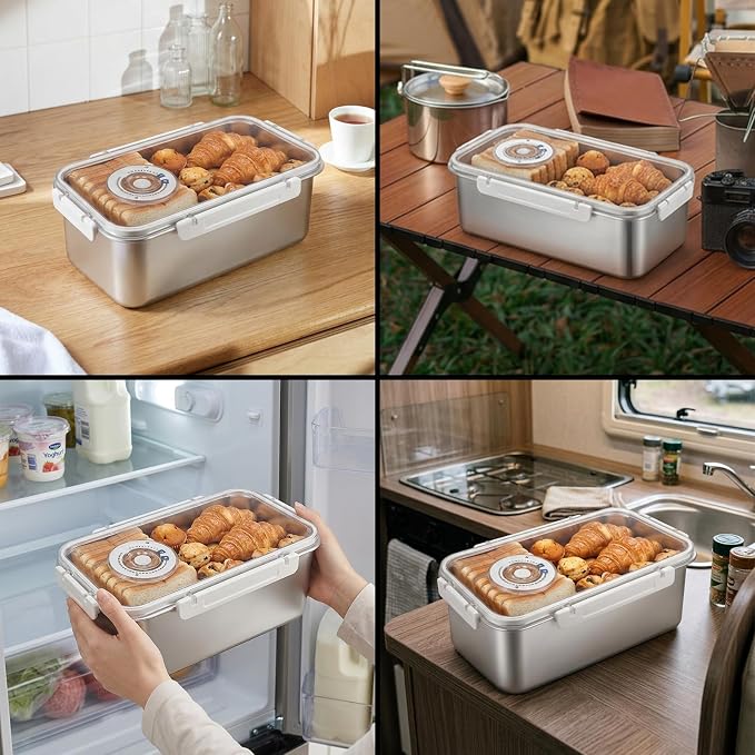Large Stainless Steel Bread Storage Box with Lid | Large Capacity, Airtight Fresh-Keeping See-through Lid, Time Recording, Perfect for Homemade Loaf, Toast, Bagel and Cookies