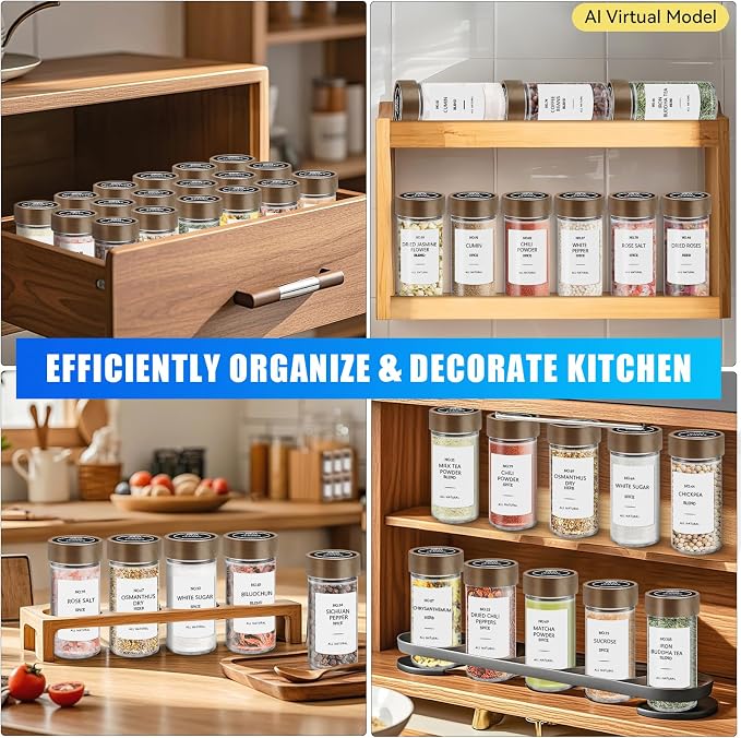 VIBRATITE 12 Pack 4 oz Round Glass Spice Jars with Acacia Lids and Labels | Shaker Lids, Pen, Funnel, Brush Included, Airtight Storage, Quick Identification, Seasoning Prep, Kitchen Pantry Organization