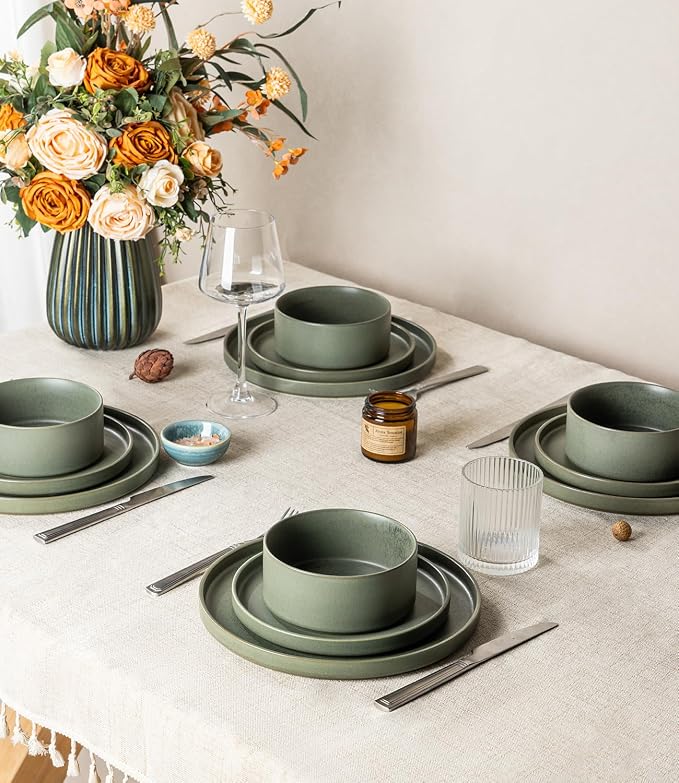 LERATIO Stoneware Dinnerware Sets for 4,12-Piece Matte Plates and Bowls Set | Handmade High Edge Rim Dish Set,Oven & Microwave,Dishwasher Safe,Scratch Resistant-Green