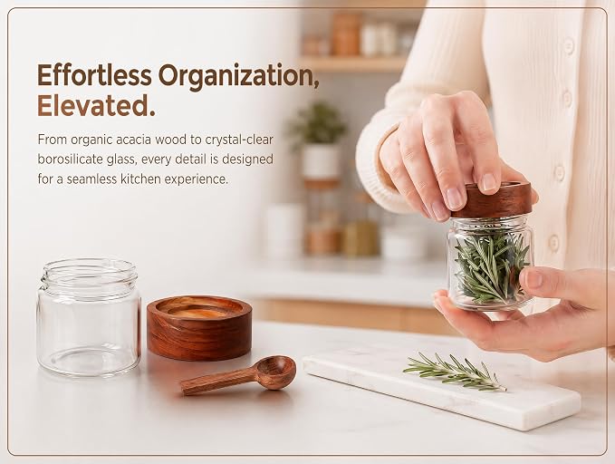 6‑Pack Small 6 Fl Oz (177 ml) Glass Jars w/Wood Lids & Spoons | Built‑in PP insert & silicone seal, airtight for oats, yogurt, spices, chia pudding & pantry