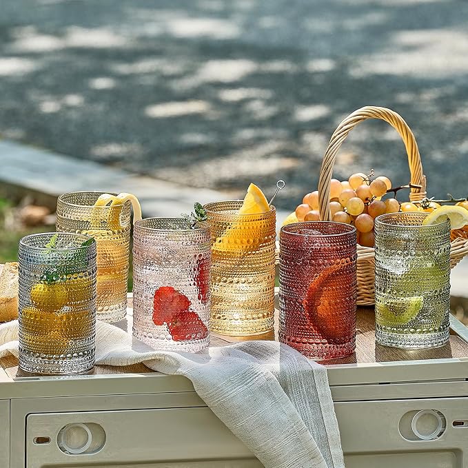 Colored Hobnail Drinking Glasses Set of 6, 12oz Vintage Kitchen Glassware, Embossed Beaded Glass Cups, Water Glasses, Colorful Water Tumbler for Cocktail, Juice, Various Mixed Drink (Dishwasher Safe)