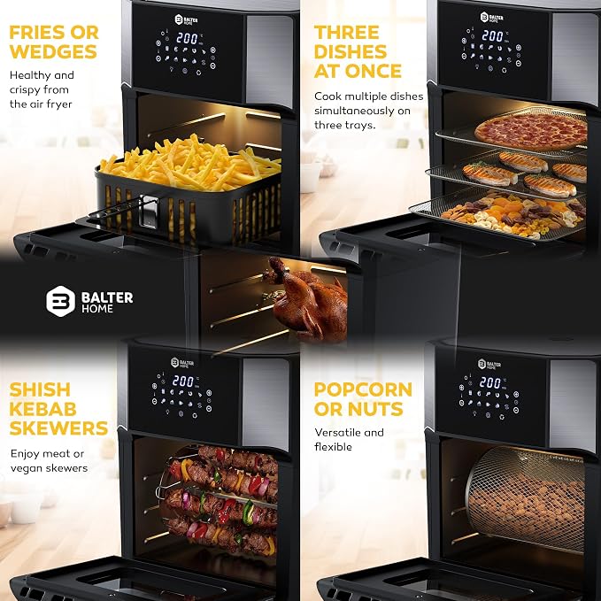 Balter Air Fryer Oven 6-in-1, 13 QT XXL Airfryer, stainless steel, Touchscreen, Rotisserie, Food Dehydrator, Convection Oven, Bake, Broil, Reheat, Windowed Door, Recipe Book