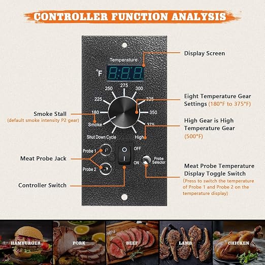 Digital Thermostat Controller Replacement Compatible with Traeger Wood Pellet Grills, with 2-Packs Meat Temperature Probe | 8 Advanced Temperature Levels, Replace BAC365, Color-Coded Wiring for Easy Installation, High accuracy, LED Digital Display