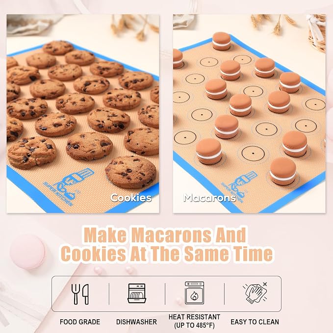 Silicone Macaron Baking Mat Sheet Set of 3-2 Half Sheet 1 Quarter Sheet | Non Stick Silicon Oven Liner For Macaroons and Cookies, By Folksy Super Kitchen (16.5x11.6, Blue)