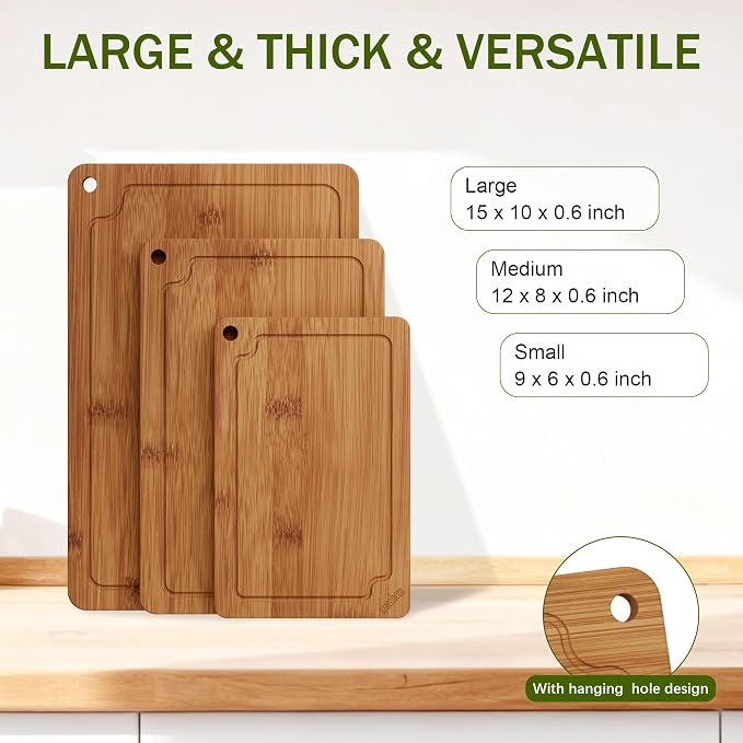 3-Piece Bamboo Cutting Board Set Serving Tray Juice GroovesHandles | Ideal for Meat Vegetables Fruit,Easy Storage & Quick Clean,Natural Wood Construction,Dual-Purpose as Serving Tray