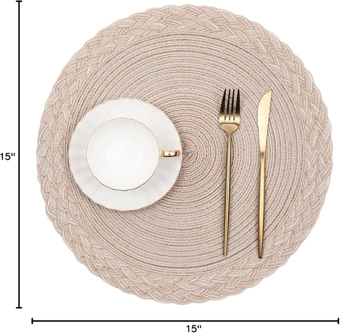 SHACOS 15 inch Round Placemats Set of 6 Boho Woven Braided Border Table Mats Washable Heat Resistant Circle Place Mats for Dining Table, Beige