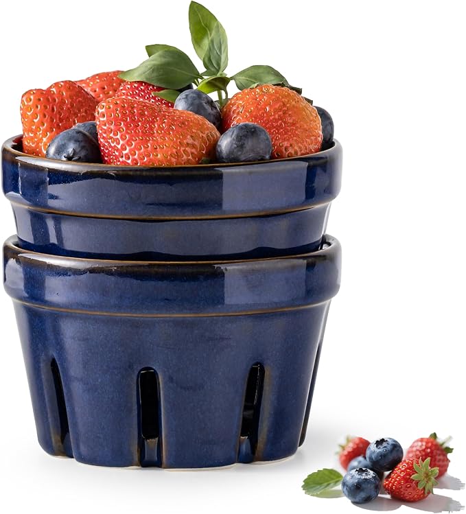 Gomakren Ceramic Berry Bowls with Holes Set of 2 for Fridge, Cobalt Blue | Drain holes keep fruits fresh, stackable, wash & serve, round strawberry basket for fridge kitchen counter, lovely home gift